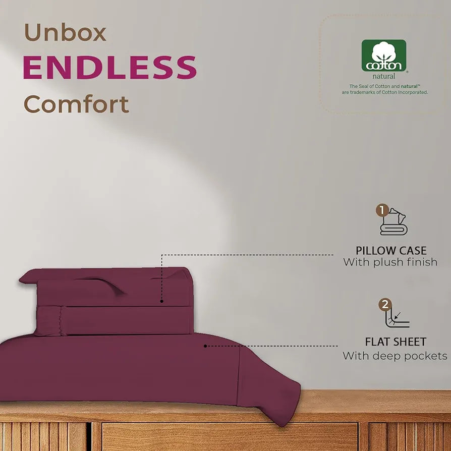 Trance Home Linen 100% Cotton 78x60 inch Queen Elastic Fitted Bedsheet 400TC Premium Queen Double Bed Size Plain with 2 Pillow Covers Colour Deep Wine