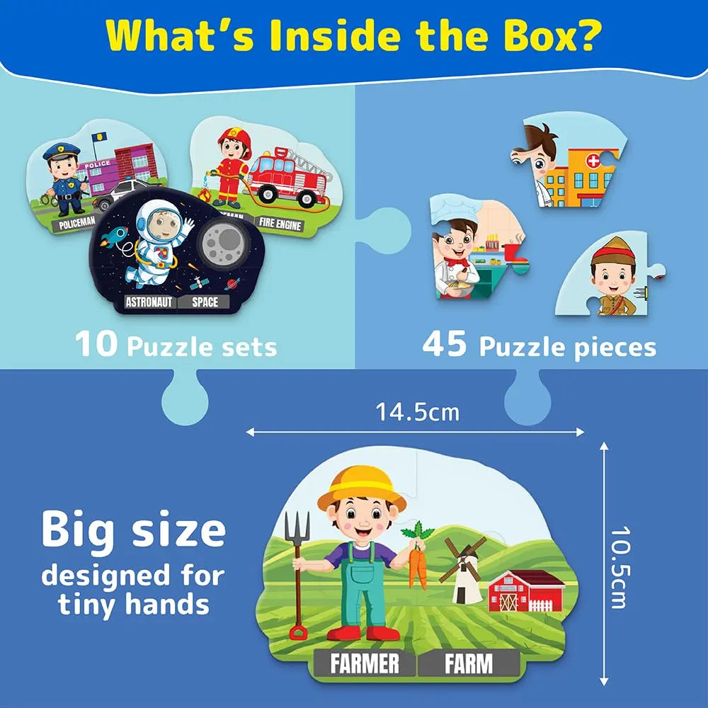 Funtad Kids Puzzleup Learn Professions,10-In-1 Entry Level Puzzle,45 Big Size Jigsaw Pieces,Montessori Educational Toy For Boys & Girls Age 3,4 & 5 Yrs