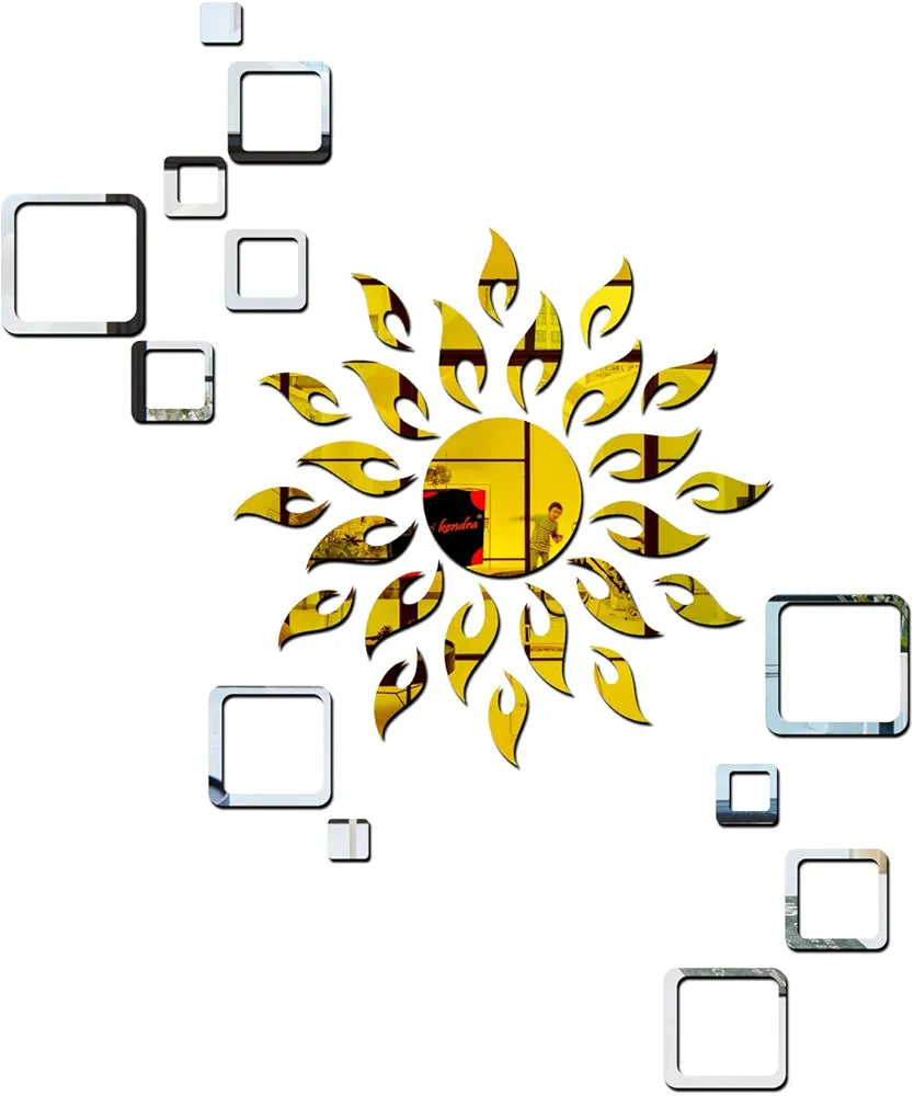 Bikri Kendra Sun Golden with Square 2 Set Silver Decorative Mirror Stickers for Wall 3D Acrylic