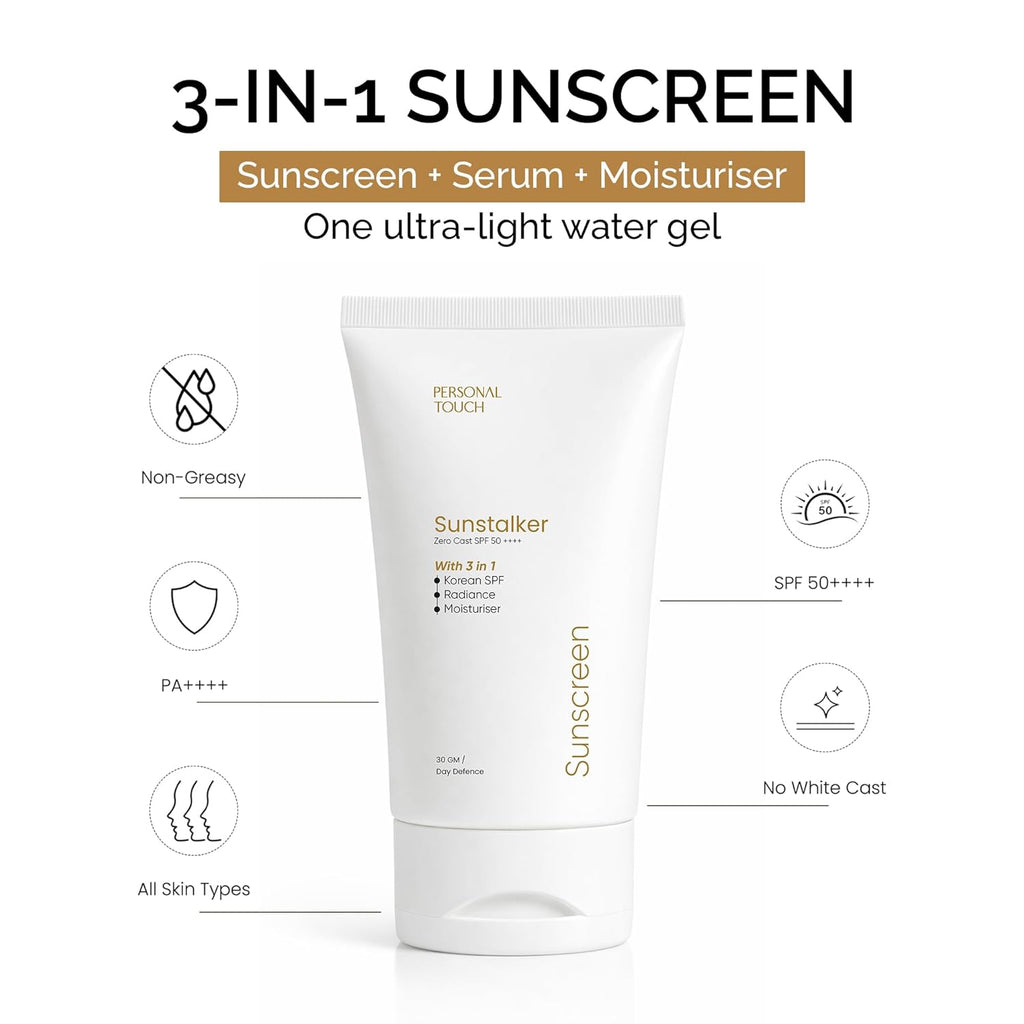 Personal Touch Sunscreen SPF50 PA++++ for Face | Sunstalker Korea 3 in 1 Formula | with Niacinamide | Tanning & Aging Defense | Lightweight No White Cast | Oil-Free, Acne Safe | 30 ml
