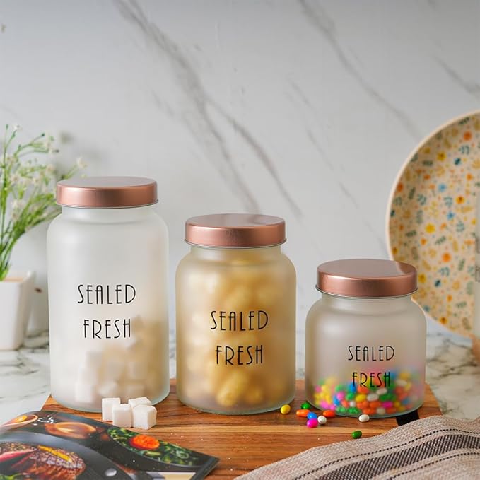 Femora Kitchen Storage Jars Frosted Glass Jar With Steel Lid Air Tight Jar, 1500 Ml | Pack of 4 | Golden Lid