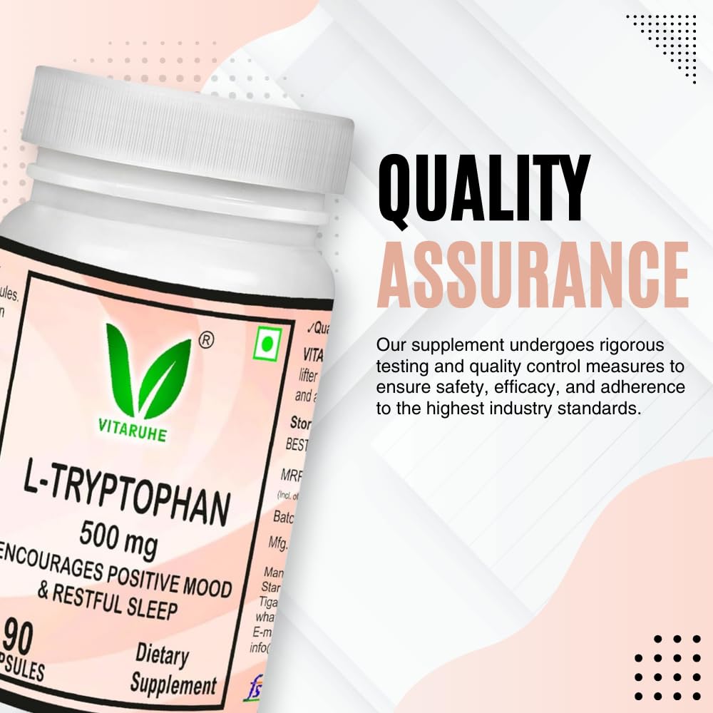 Vitaruhe® L-Tryptophan 500 mg per Capsule, 90 Vegan Capsules for 3 Months, Pure Essential Amino Acid, Natural & Fermented, High Strength Supplement Without Additives