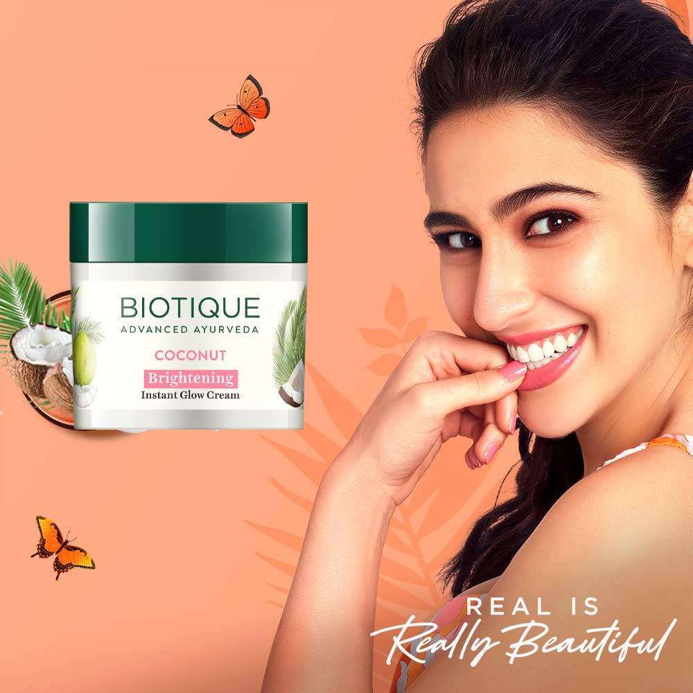 Biotique Coconut Brightening Instant Glow Cream | Lightweight and Non-Greasy | Reduces Dark Spots and Protects Ageing | Nourished and Moisturized Skin 75ml