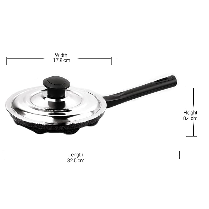 Milton Pro Cook Appam Patra with Stainless Steel Lid, Non-Stick Heavy Duty Aluminium, 7 Cavity, 12.8 Inch - 460 gms