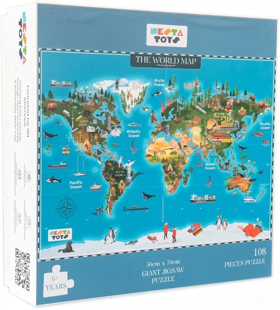 Nesta Toys Floor Puzzle & Game World Map Jigsaw Puzzle, Educational Toy Gifts for Boys & Girls Ages 6 to 14 Geography for Kids 108 pcs, 70 x 50 cm