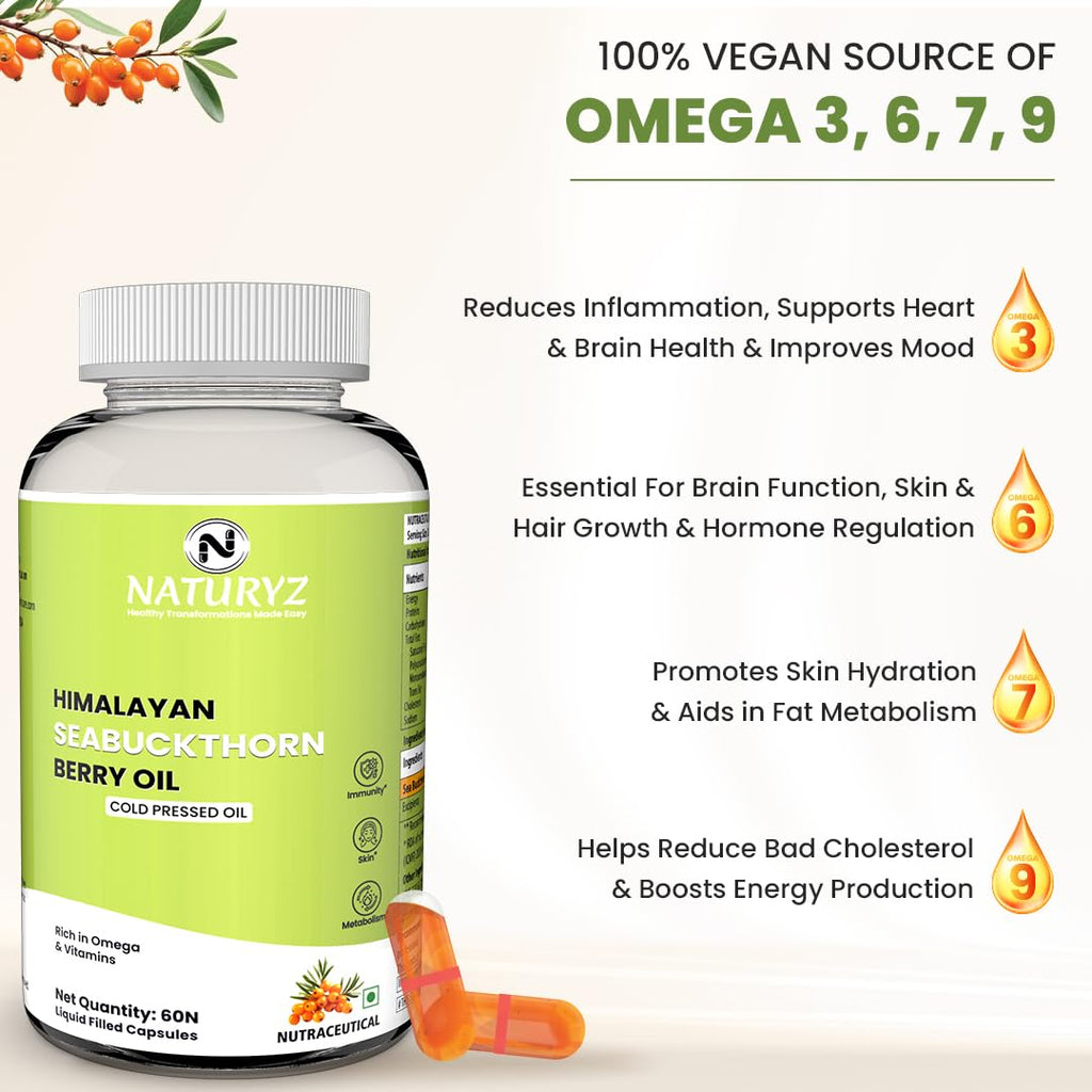 NATURYZ Himalayan Sea Buckthorn Berry Oil Triple Strength 1120mg | Cold-Pressed Vegetarian Omega 7 + Omega 3-6-9 | Skin Glow, Immunity & Gut Health Supplement | High Absorption | Non-GMOâ€“ 60 Liquid Fill Capsules