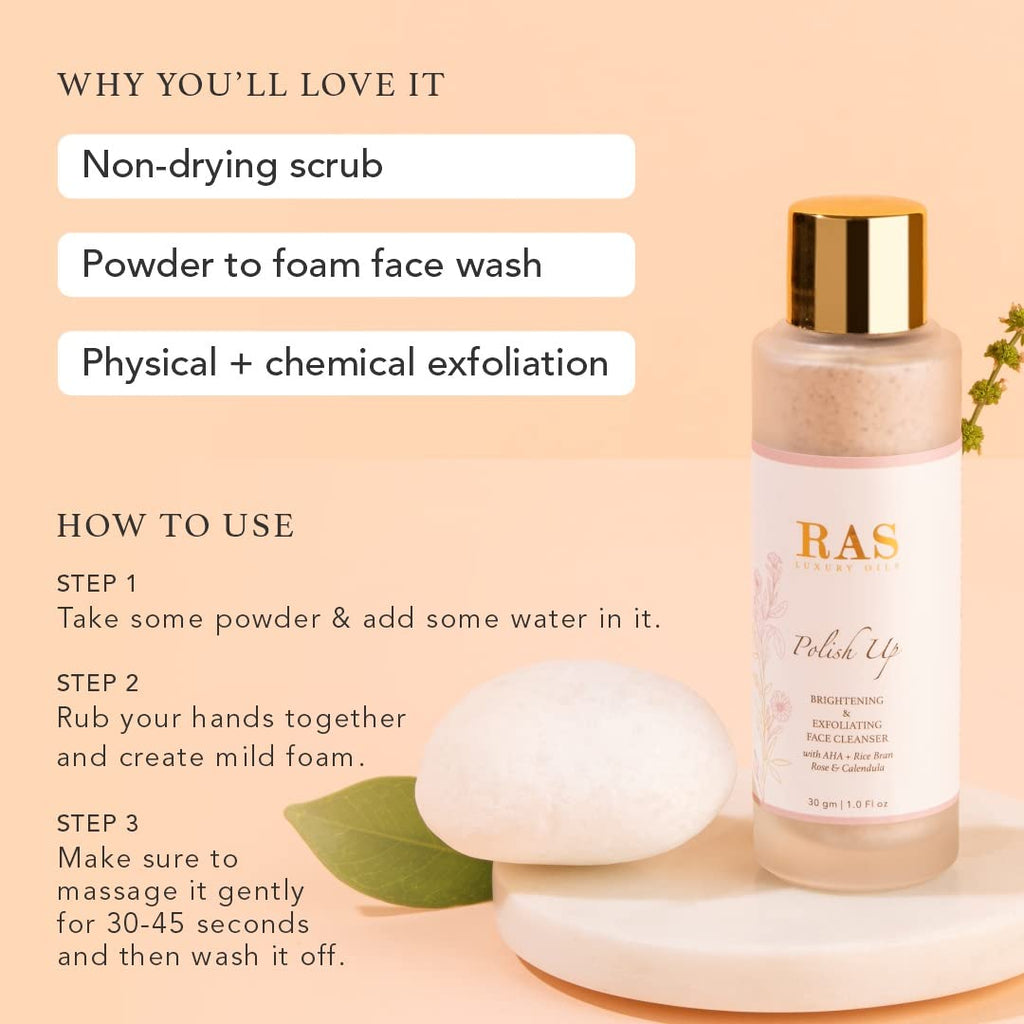 RAS Luxury Oils Polish Up Brightening & Exfoliating Face Wash Cleanser | With AHA, Rice Bran, Rose & Calendula | Removes Dirt & Dead Skin Cells | Gently Exfoliates & Brightens Skin | 30 gm