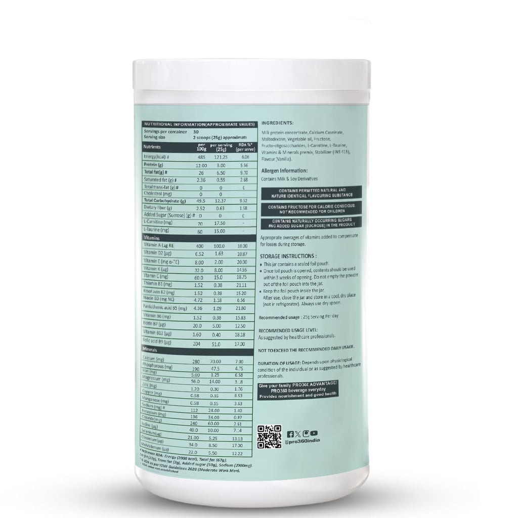 Pro360 Nefro LP Powder Vanilla Flavour â€“ 750g Low Protein Nutrition Supplement for Kidney Health (Non-Dialysis) â€“ Vanilla Protein Powder Enriched with L-Taurine, L-Carnitine & Essential Nutrients