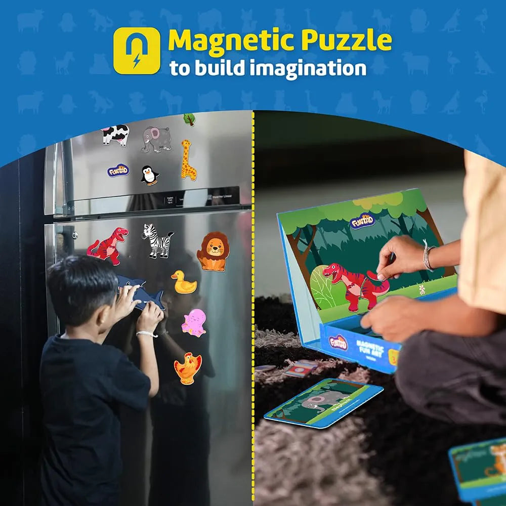 Funtad Magnetic Fun Art Puzzle Animals 4-in-1 Travel Friendly Educational Toy with Writable Board 50 Magnetic Pieces Birthday Gift for Boys & Girls Age 3,4,5 & 6 yrs