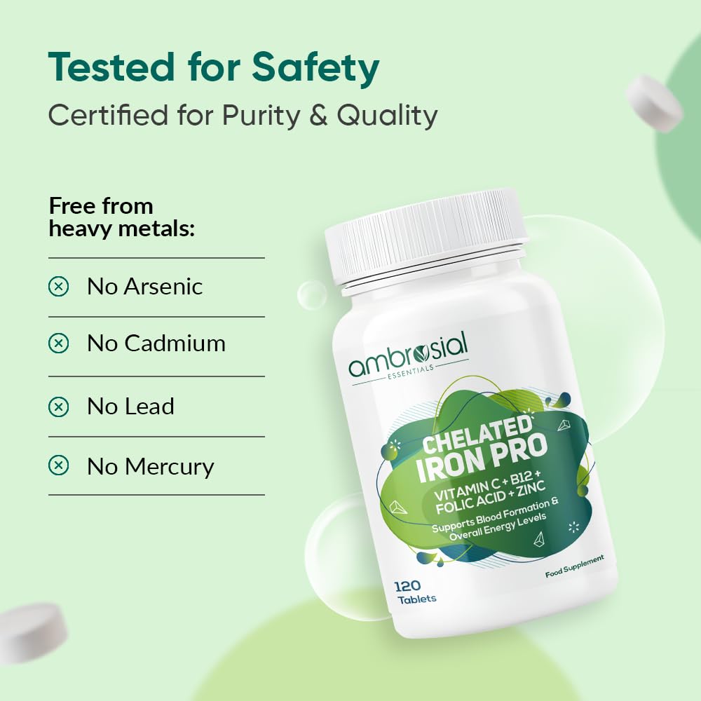 Ambrosial Iron Bisglycinate with Folic Acid, Vitamin C, Vitamin B12 & Zinc | Chelated Iron Tablets for Men & Women | 120 Vegetarian Tablets