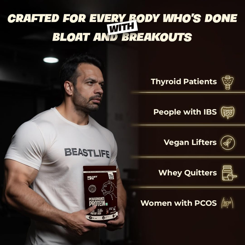 BeastLife Performance Yeast Protein Powder | 25g Protein | Chocolate |NABL Lab Certified | High Absorption for Muscle Growth |Smooth & Light, Easy to Digest with Ultrasorb Tech|5.64g BCAA | Best For Gut | Beta Glucan | Improves Immune Function | 500g