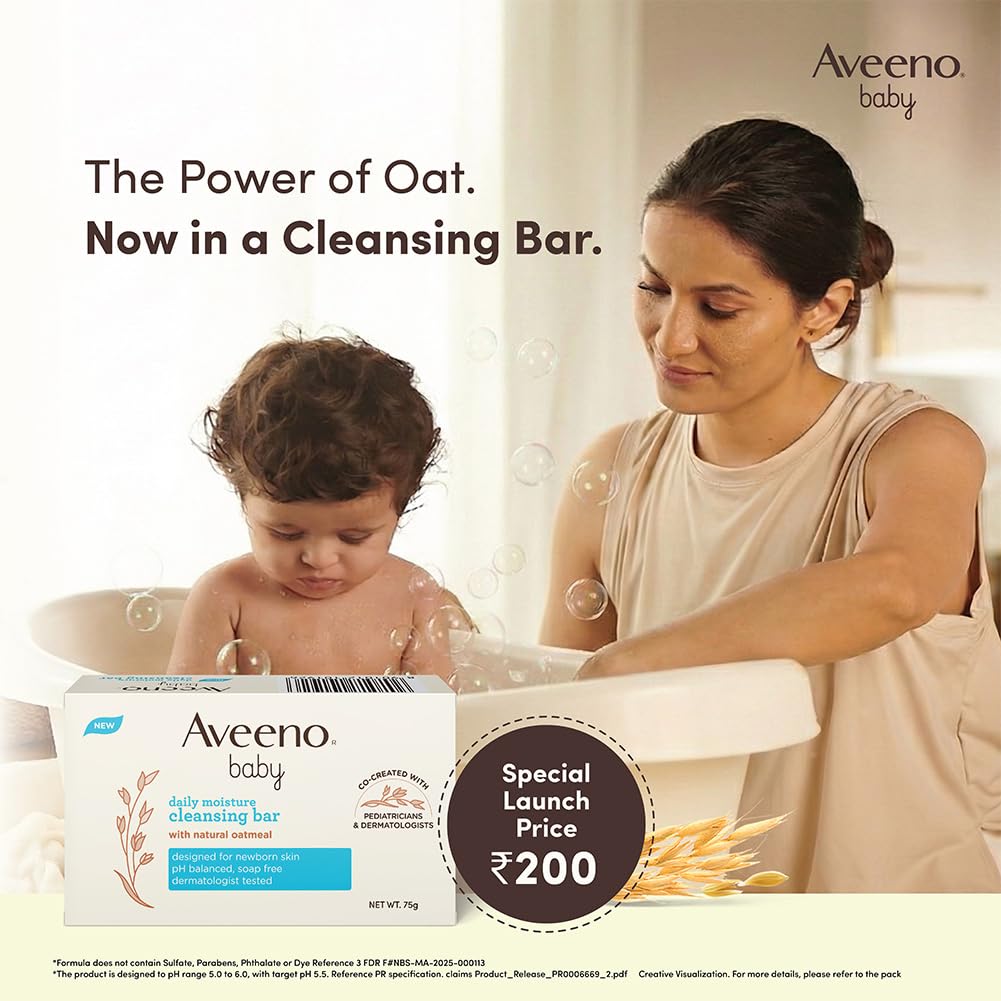 Aveeno Baby Daily Moisture Cleansing Bar 75g | With natural Oatmeal, Glycerin and Shea Butter | Co-created with Pediatricians and Dermatologists for newborn sensitive skin | pH balanced, free of soap, parabens sulfates and phthalates