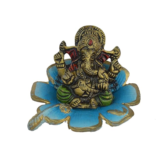 Ecraftindia Metal Lord Ganesha Statue on Sky Blue Leaf