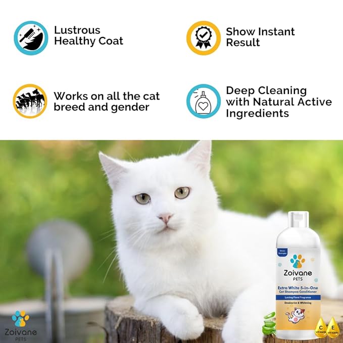 Zoivane 5 in 1 Extra White Cat Shampoo With Conditioner 500 Ml | Reduces Hair Fall | Enhances Coat Brightness | Pack of 2