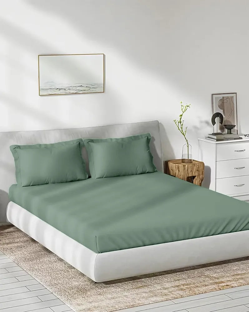 Trance Home Linen 300 TC Bamboo Fitted Queen Size Bedsheet Soft Breathable & Eco-Friendly Bedsheet with 2 Pillow Cover Colour Aqua Green