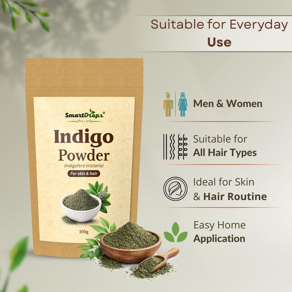Smartdrops Indigo Powder for Hair and Skin Care | Enhances Natural Hair Color | Strengthens Hair Roots | Revitalizes Skin Tone and Brightness | Prevents Skin Dryness and Dullness | 100g (Pack-1)
