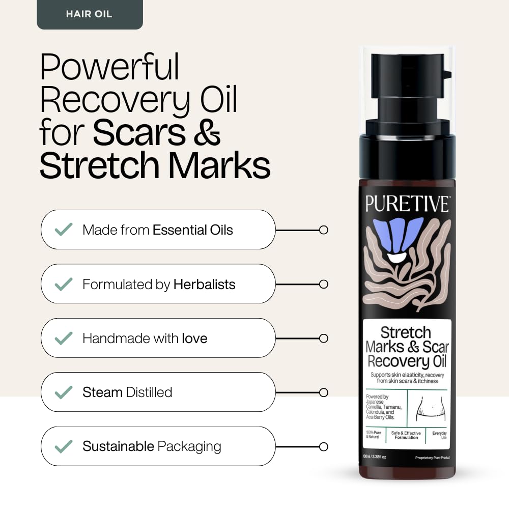 PURETIVE Stretch Marks Scar Recovery Oil | Luxurious Body Oil | Rich in Plant Collagen| Designed for Pregnant & Postpartum Skin | Improve Elasticity | 100ml