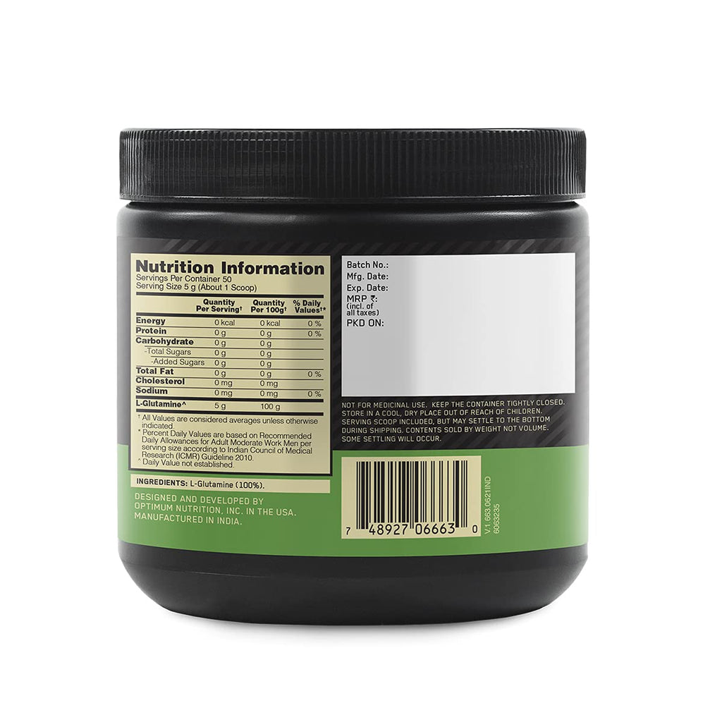 Optimum Nutrition (ON) L-Glutamine Powder- 250 Gram, 50 Serves, 5g Glutamine per serve for Amino Acid Support & Muscle Recovery, Unflavoured.