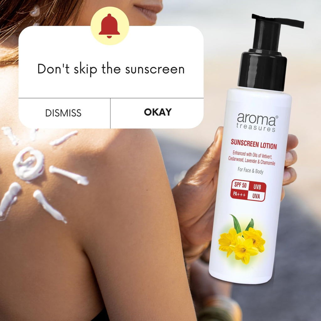 Aroma Treasures SPF 50 Sunscreen Lotion 100g | Broad Spectrum UVA/UVB Protection | Water Resistant | Non-Greasy, No White Cast | Face & Body | All Skin Types