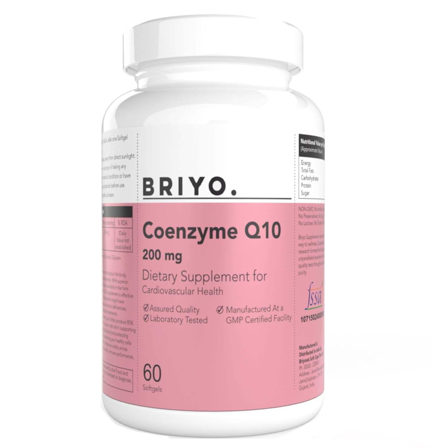Briyo CoQ10 200 mg Ubiquinone â€“ High Absorption Coenzyme Q10 Supplement for Heart Health, Energy & Antioxidant Support â€“ Naturally Fermented, Gluten-Free â€“ 60 Capsules