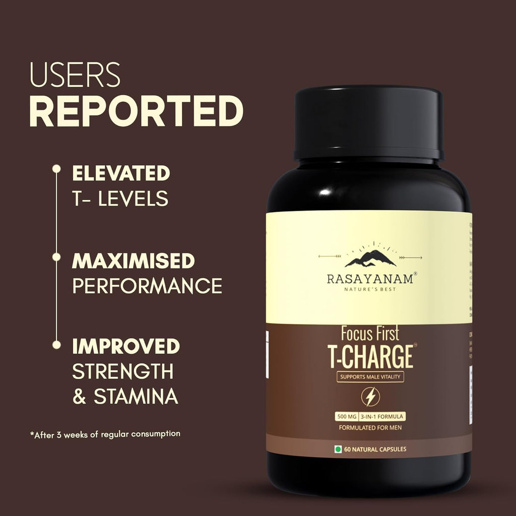 Rasayanam T-Charge Capsules (500mg) | 3-in-1 T - Levels Supplement for Men with Shilajit, Ashwagandha & Safed Musli | Supports Muscle Growth, Energy, Strength, Stamina & Performance - 60 Capsules