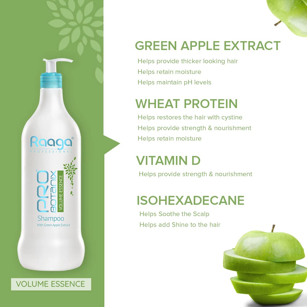 Raaga Professional Pro Botanix Volume Essence Shampoo with Green Apple Extract | Strengthens Hair, Provides Thicker Looking Hair | Suitable For Men & Women (1000 ml)