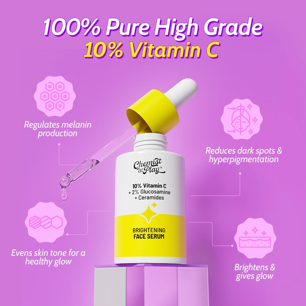 Chemist At Play 10% Vitamin C Serum for Glowing Skin | Pigmentation & Dark Spots | Skin Brightening Face Serum | With Ethyl Ascorbic Acid, Lactic Acid & Glucosamine | For Men & Women | 10 ml