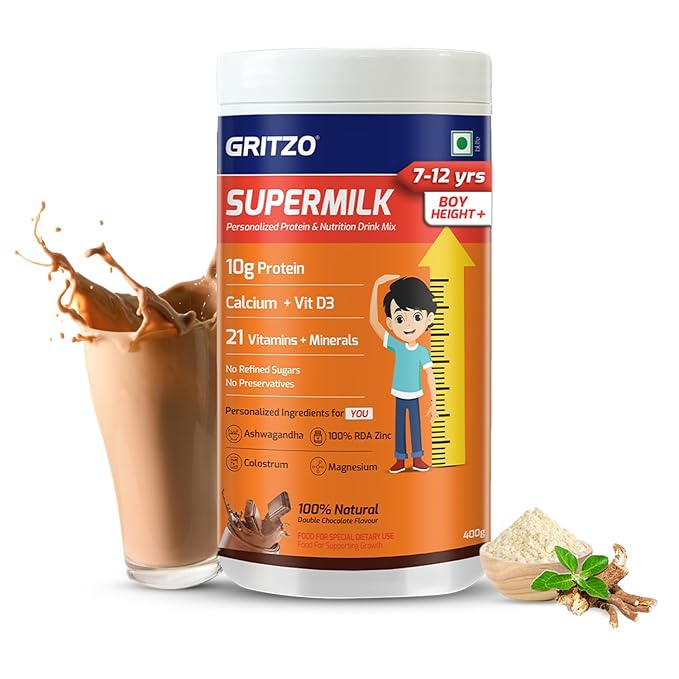 Gritzo SuperMilk Height+ (7-12y Boys) 10g Protein Powder Double Chocolate - 400 gms