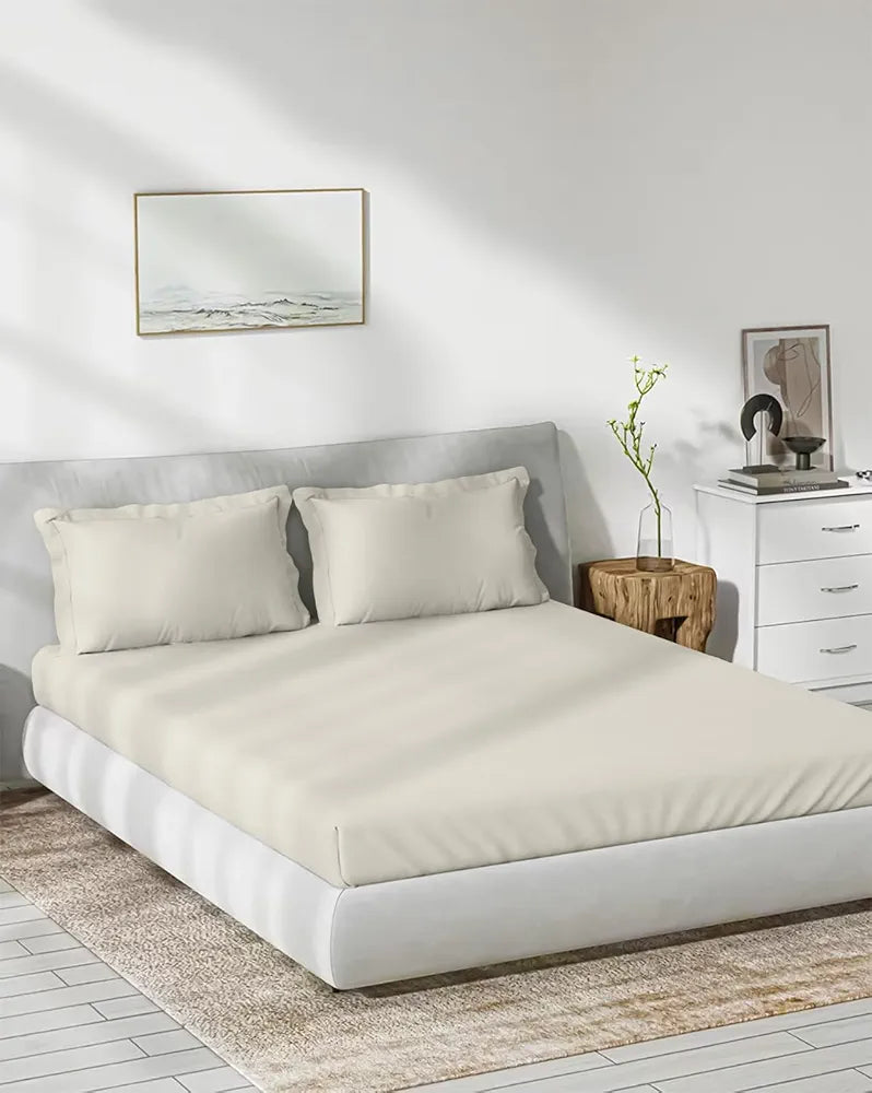 Trance Home Linen 300 TC Bamboo Fitted Queen Size Bedsheet Soft Breathable & Eco-Friendly Bedsheet with 2 Pillow CoverColour  White
