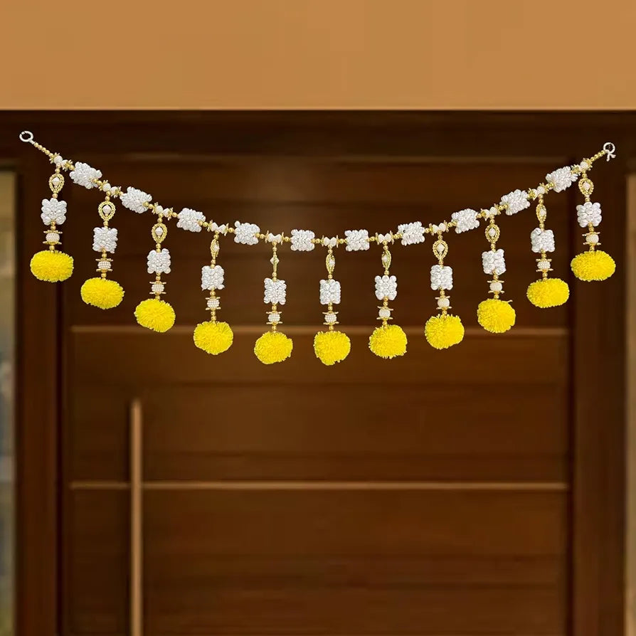 Handcrafted Decorative Bandanwar with Yellow Marigold Flowers Jasmine & Beads 40x9 Inches