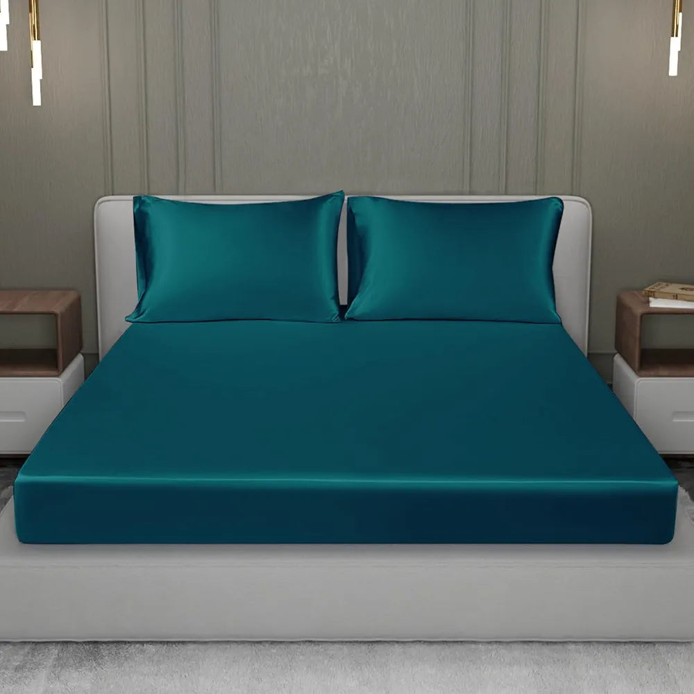 Cloth Fusion Satin Elastic Fitted Bedsheet for Double Bed King Size with 2 Pillow Covers H603 280 TC Peacock Green