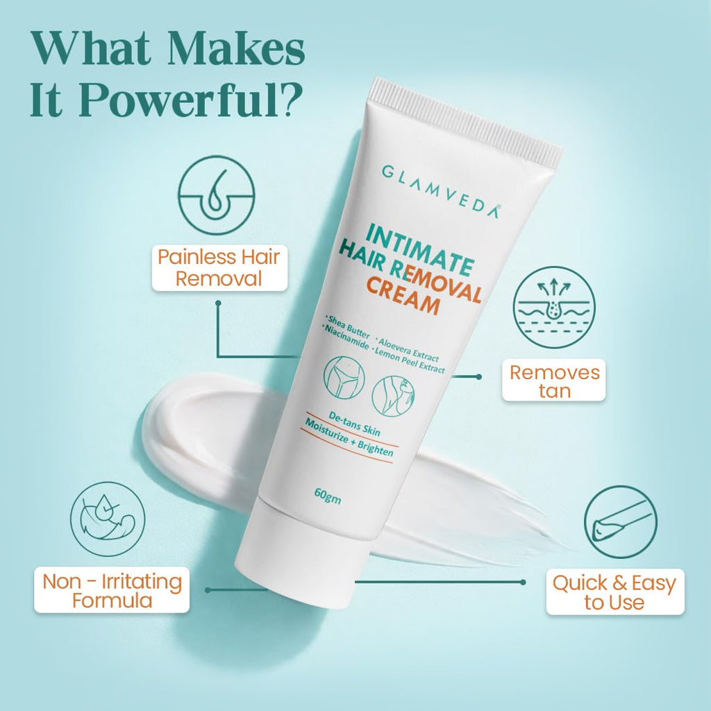 Glamveda Intimate Hair Removal Cream for Women | Gentle Hair Remover for Bikini Line & Sensitive Areas | With Aloe Vera Extract | Painless & Smooth Hair Removal | 60g