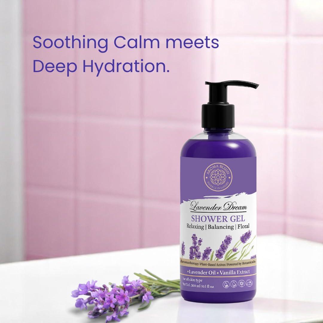 Aromablush - Lavender Dream Shower Gel | Calming Lavender, Vanilla & Vitamin E | Deep Hydration | Relaxing Scent, Sulfate-Free, Paraben-Free | Soothing Aromatherapy for Sensitive Skin | 300ml