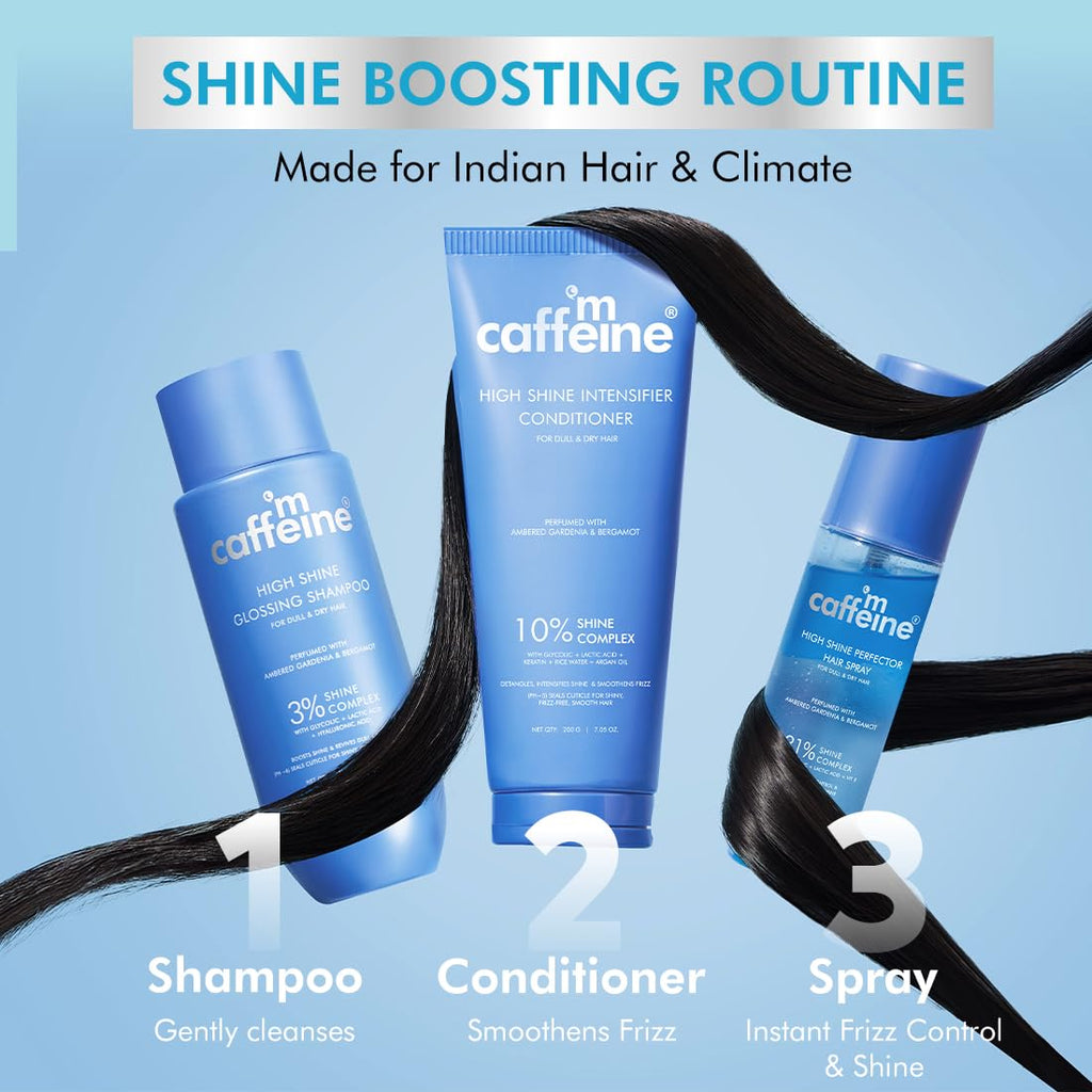 mCaffeine High Shine Glossy Hair Shampoo For Dull, Dry & Frizzy Hair | 3% Shine Complex - With Glycolic Acid & Hyaluronic Acid | 48 Hr Frizz Control | Fresh Floral Fragrance | 250ml