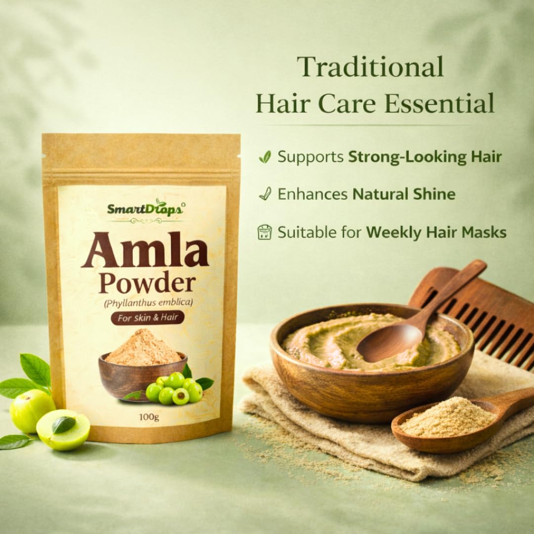 Smartdrops Amla Powder for Hair Care Natural Hair Pack Powder for Scalp Massage Hair Mask DIY Hair Care Routine | Indian Gooseberry | Ideal for Hair, Skin, or Culinary Use | 100g (Pack-1)