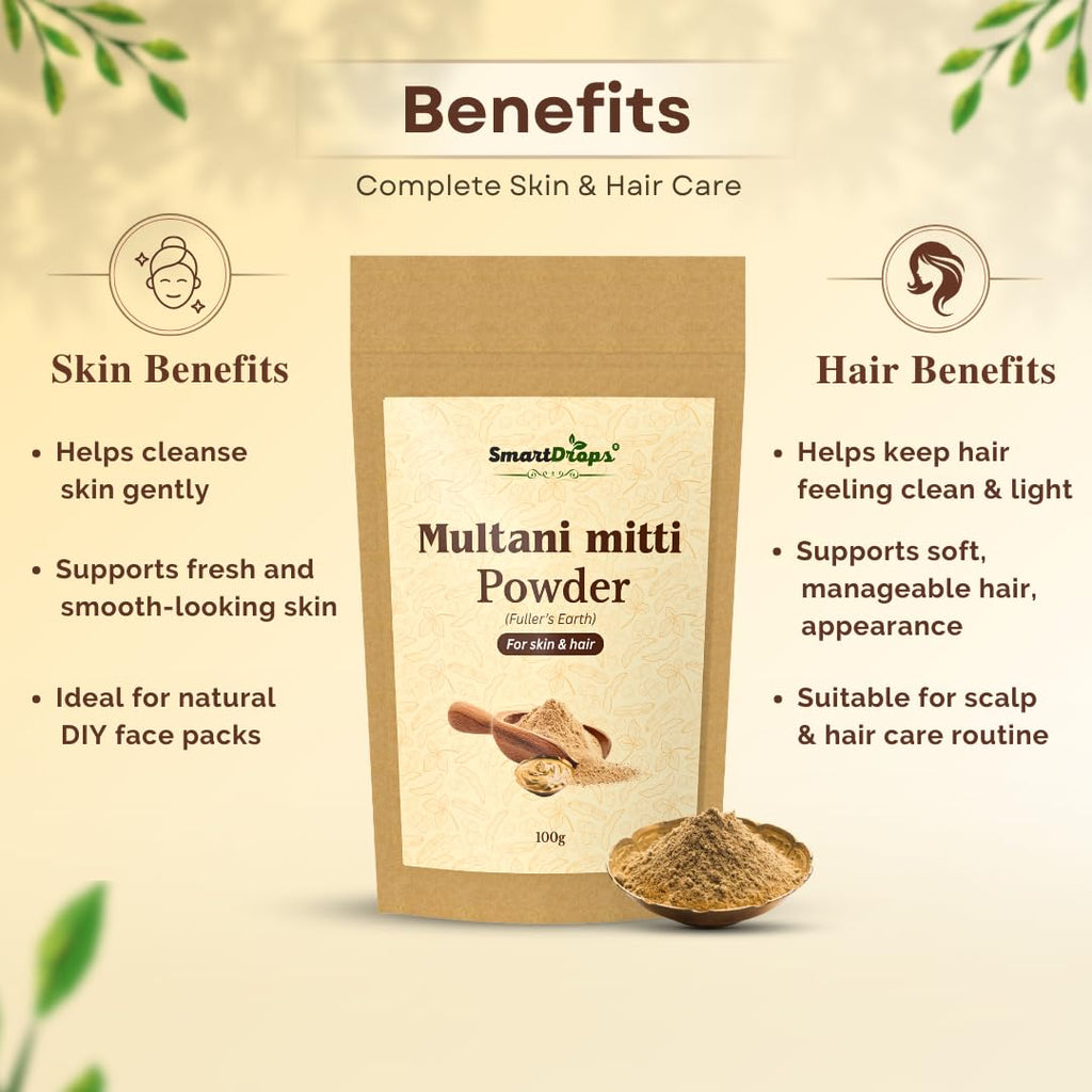 Smartdrops Multani Mitti Powder for Hair and Skin Care Fullers Earth Face Pack Hair Pack and DIY Beauty Routine Powder | 100g (Pack-1)