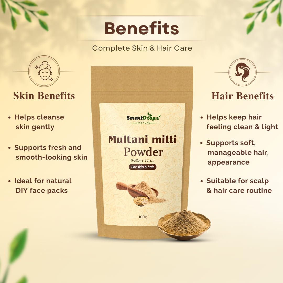 Smartdrops Multani Mitti Powder for Hair and Skin Care Fullers Earth Face Pack Hair Pack and DIY Beauty Routine Powder | 100g (Pack-1)