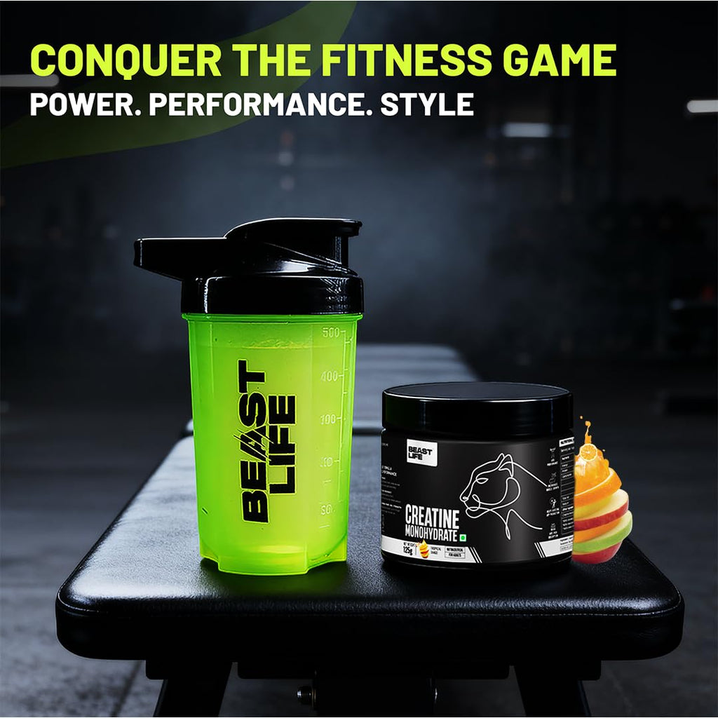 BeastLife Micronised Creatine Monohydrate with Free Shaker | 125g | 33 Servings | Tropical Tango | NABL Lab Tested | Rapid Absorption for Muscle Strength & Athletic Performance | Super Micronised Creatine Powder