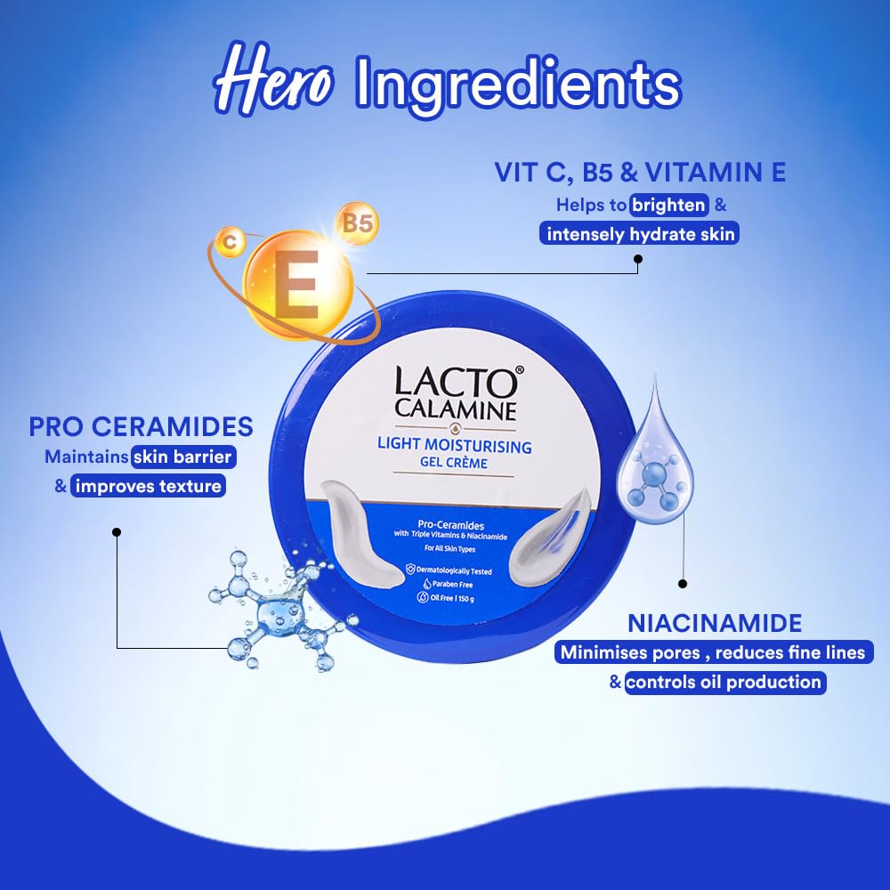 Lacto Calamine Light Moisturising Gel CrÃ¨me| Pro Ceramides, Niacinamide & Triple Vitamins| Moisturizer Suitable for oily skin|150G|