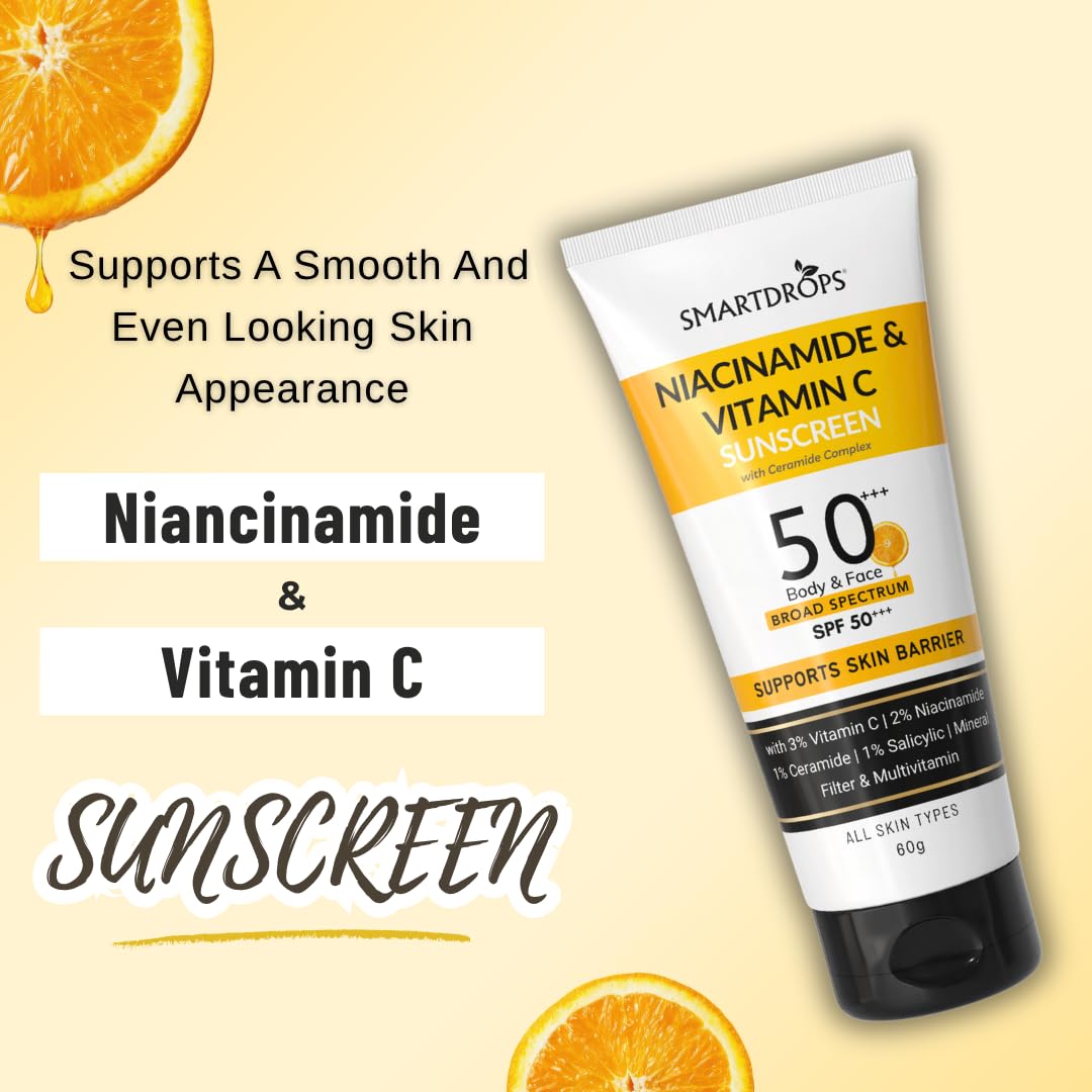 Smartdrops Sunscreen SPF 50+++ PA+++ Broad Spectrum with Niacinamide & Vitamin C, Lightweight Lotion for Daily Use, Face and Body Application, Suitable for Men and Women - 60ml (Pack of 1)