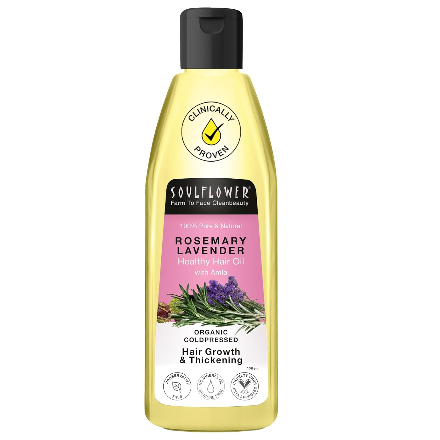 Soulflower Rosemary Hair Growth Oil, Hair Fall Control, Healthy Scalp, Strong Hair, Rosemary, Lavender, Castor|100% Pure, Natural, Organic, Clinically Proven for Hair Growth, 225ml