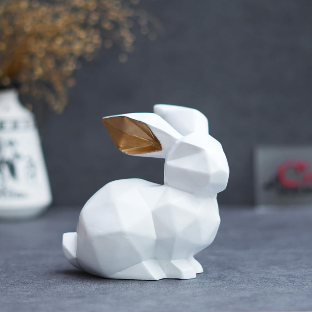 Ecraftindia Geometric Polyresin White Rabbit Statue Animal Figurine Decorative Showpiece for Home