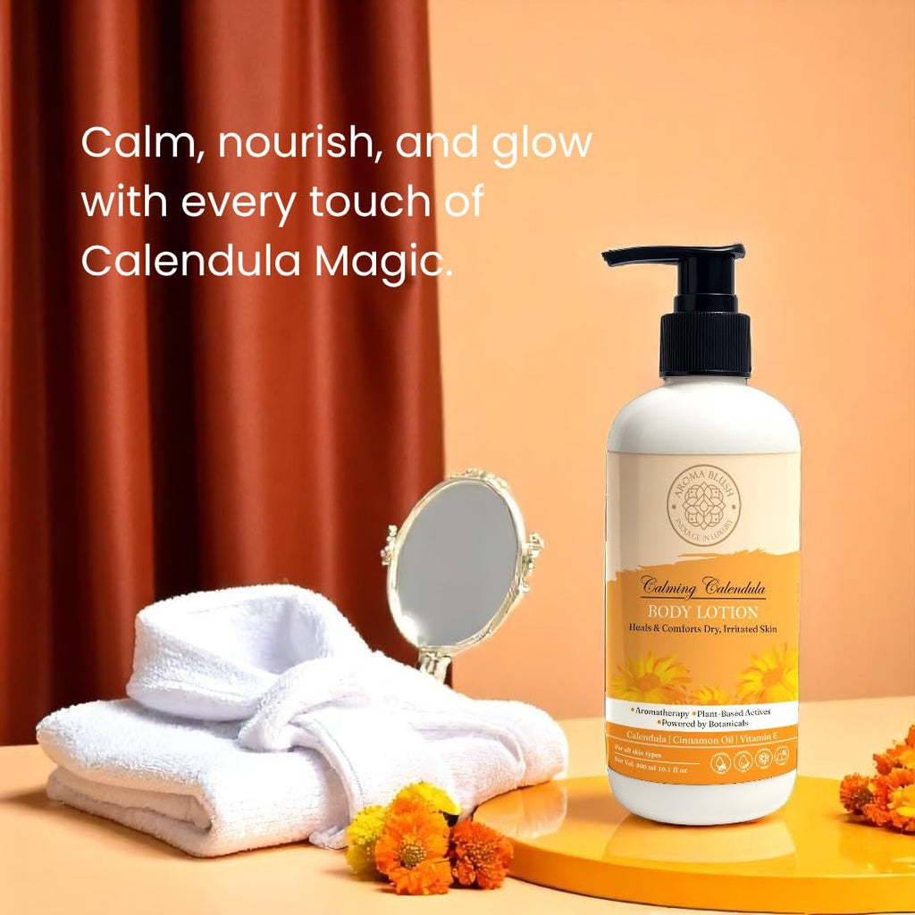 Aromablush - Calming Calendula Body Lotion | Calendula Oil, Cinnamon Oil, Vitamin E | Soothes & Heals | Deep Hydration & Fast Absorbing|Non-Greasy|Gentle|Natural Formula for Dry & Sensitive Skin|300ml