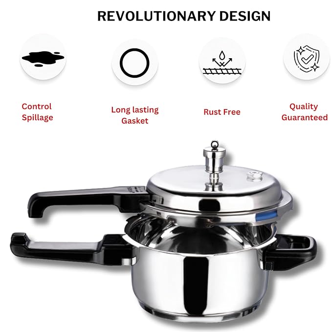Vinod 18/8 Stainless Steel Pressure Cooker Outer Lid 5 Litre | Unique Sandwich Bottom Cooker | Induction and Gas Base