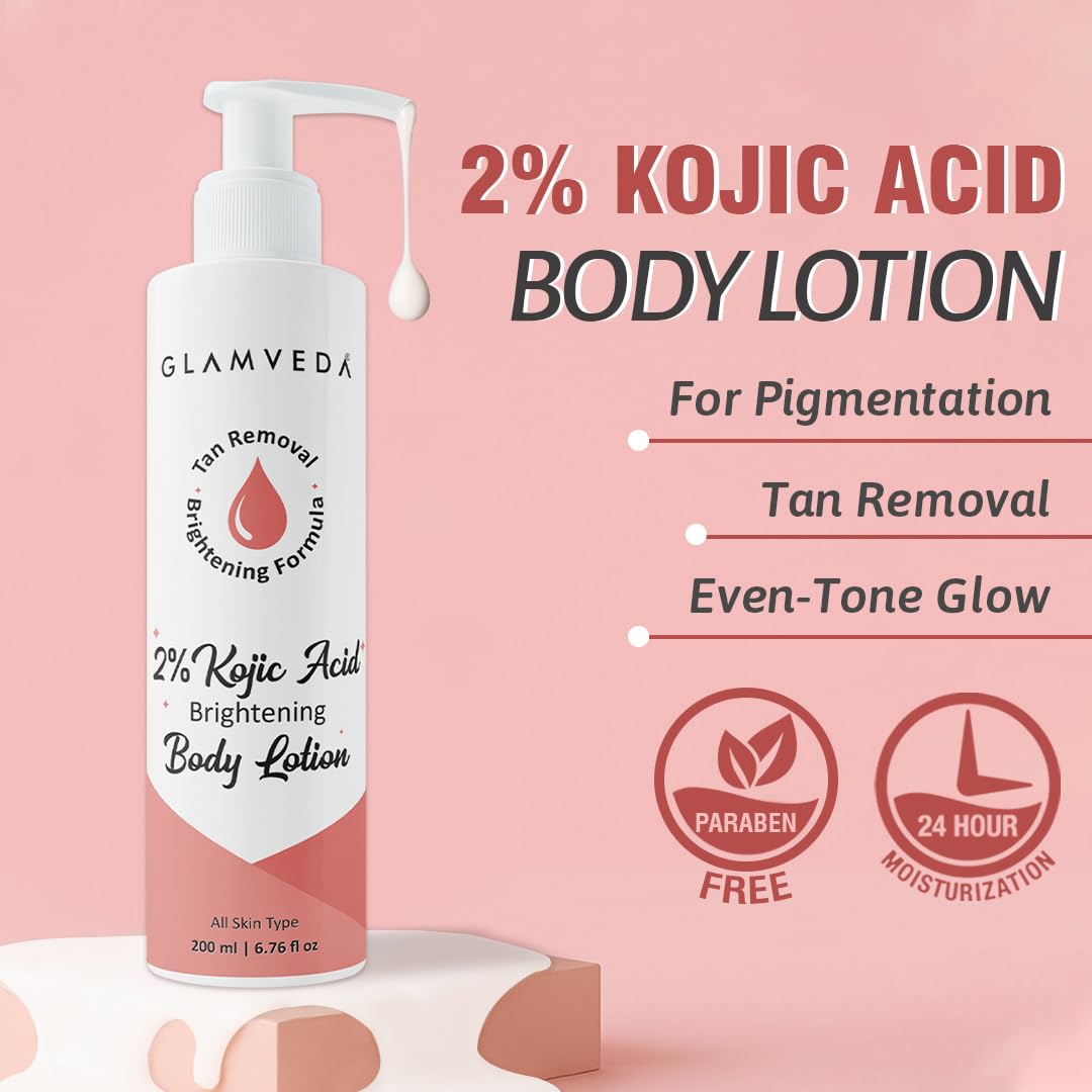 Glamveda Body Lotion with 2% Kojic Acid & Alpha Arbutin 200ml Pack of 1 | 24hr Deep Moisturizer for Dry Skin, Nourishes & Protect Skin | Remove Dark Spots, Pigmentation, Tan Removal | Non Greasy | All Skin Type