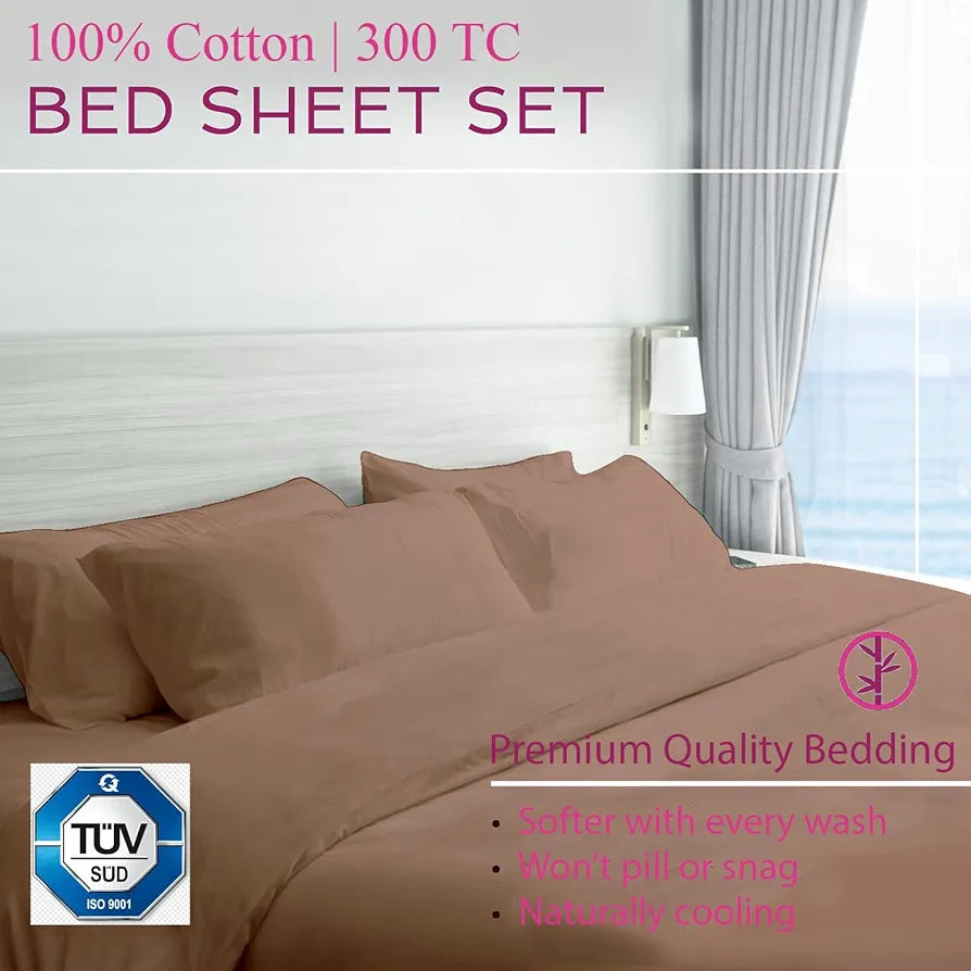 Trance Home Linen Premium 300 TC Pure 100% Cotton King Fitted Bedsheet with 2 Pillow Covers Colour Apricot