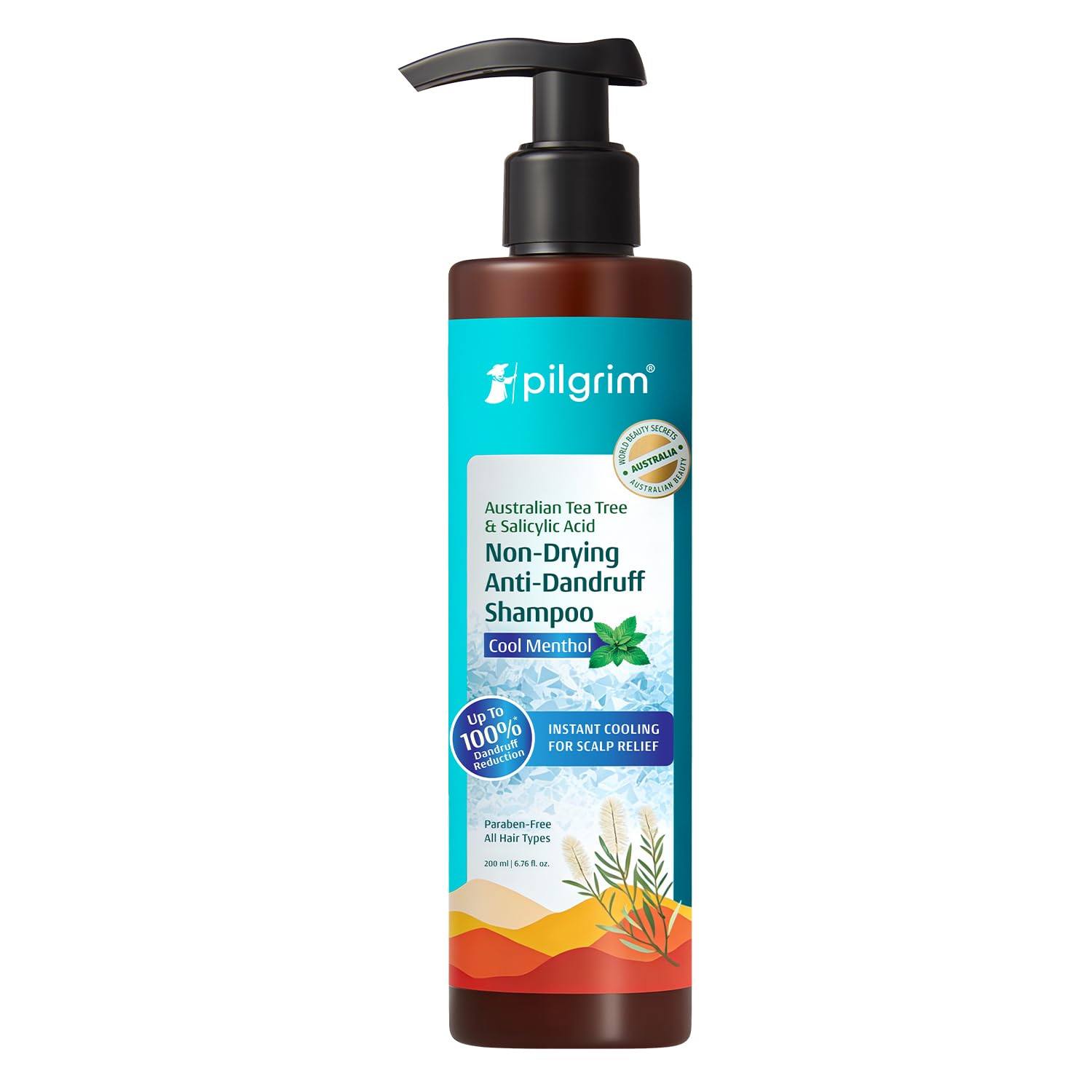 Pilgrim Australian Tea Tree & Salicylic Acid Anti-Dandruff Shampoo with Cool Menthol | Up to 100% Dandruff Reduction*| Soothes Itchy Scalp | Non-Drying Formula | All Hair Types | For Men & Women (200ml)