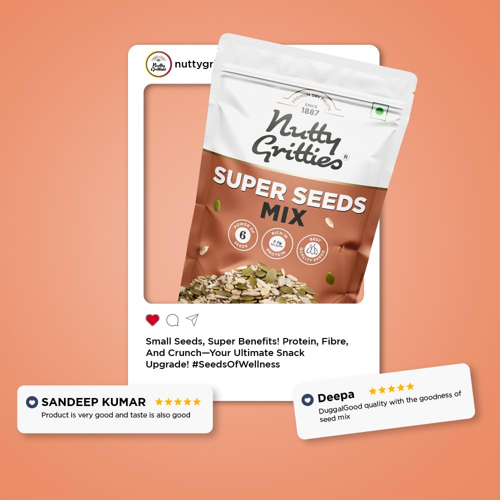 Nutty Gritties Premium Super Seed Trail Mix 200g | 6 Super Seeds in 1 Mix – Flax, Chia, Sesame, Sunflower, Watermelon & Pumpkin | High Protein & Fibre | Healthy Snack | Resealable Pouch