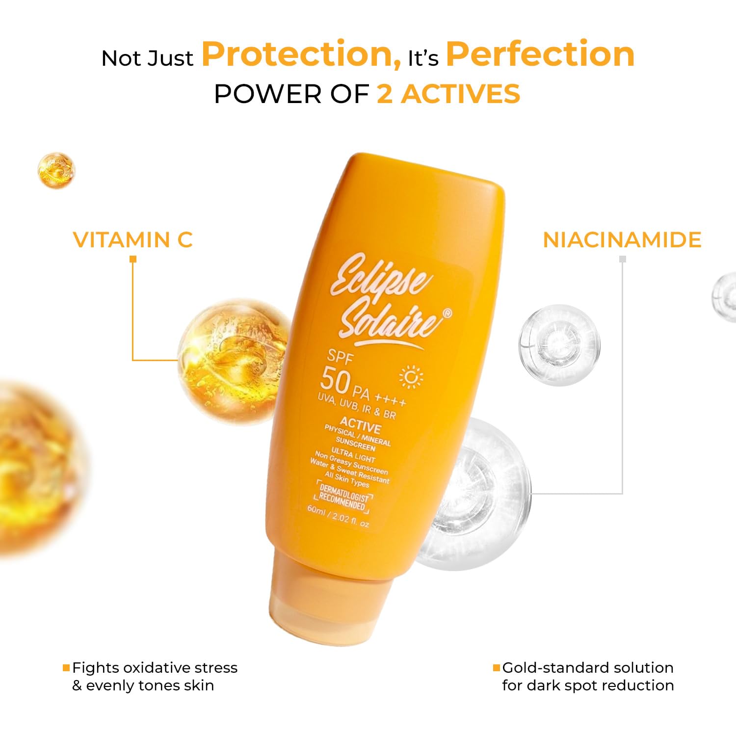 Eclipse Solaire Active Physical / Mineral Sunscreen SPF50 PA++++ | Clinically Tested | No White Cast | Broad Spectrum UVA/UVB & Blue Light Shield | Non-Greasy Sunscreen SPF 50 For All Skin Types â€“ 60ml.