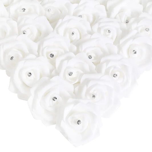 100PCS White Rose Artificial Flower Heads Real Looking Stemless Foam Roses Fake Flowers Bulk with Crystal White with Crystal